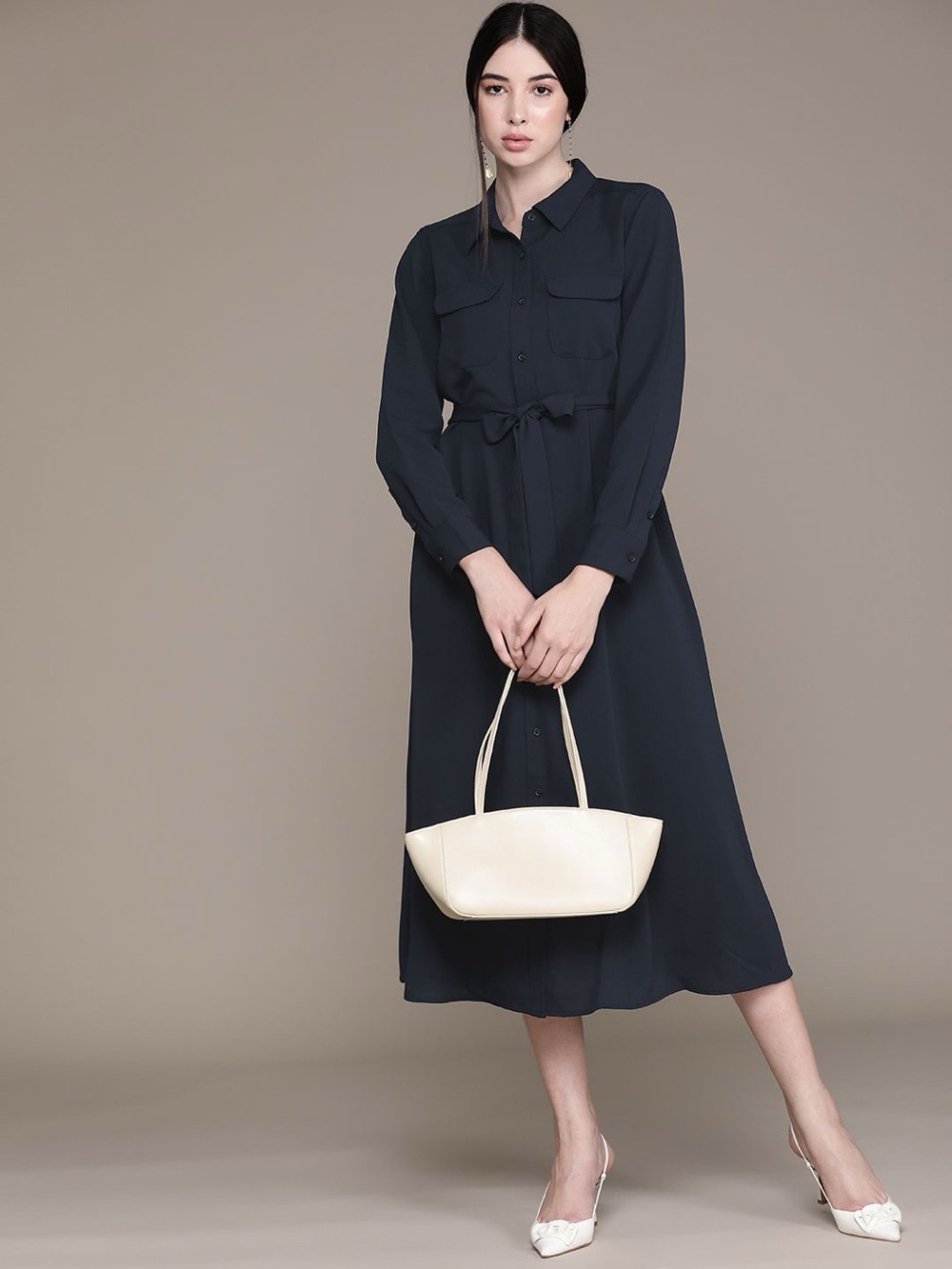 Alfani Black Button-Front Midi Shirt Dress with Waist Tie
